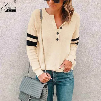 

Gold Hands New Autumn Sweaters Women Fashion Warm Women Knitted Buttons Sweater Female V-Neck Long Sleeve Loose Sweater Knitted