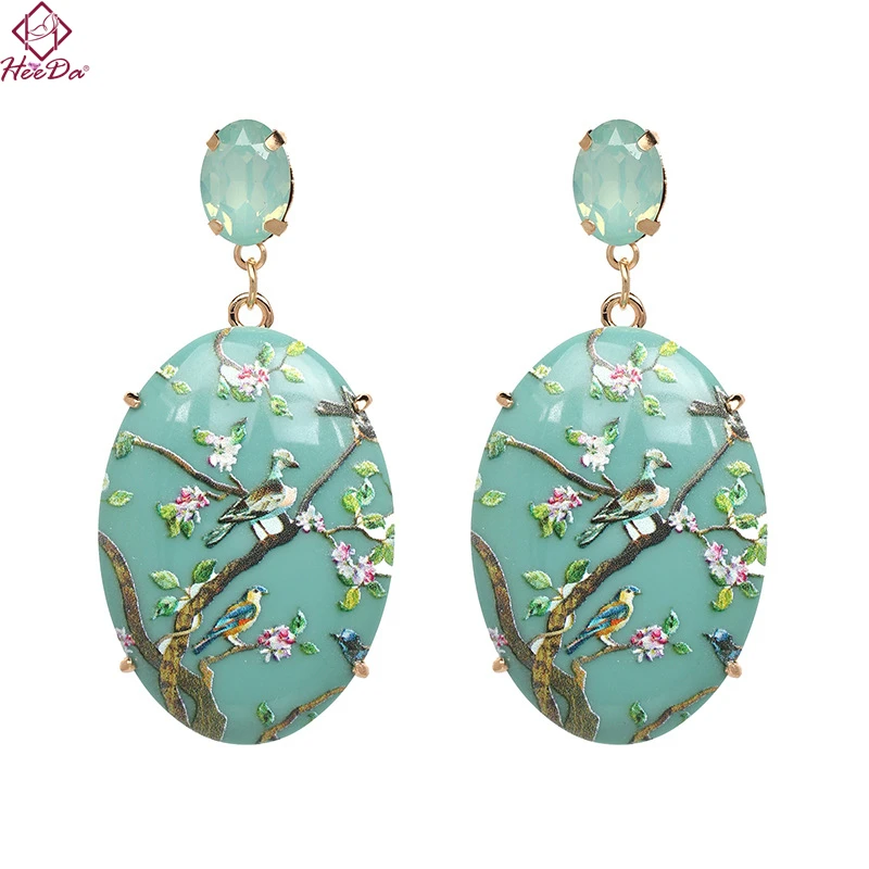 Koop Heeda Bohemen Nieuwe Hars Print Verse Bloem Blauw Stud Oorbel 2018 Fashion Vogels Elegante Oorbel Kpop Trendy Zwart Oor Decoratie