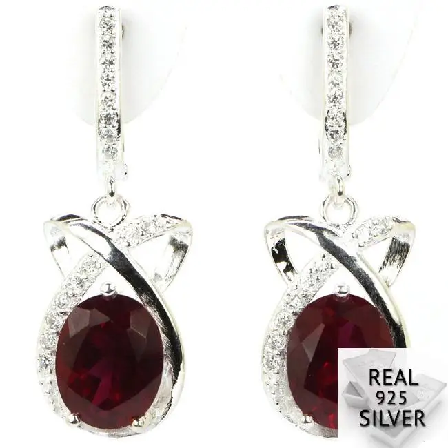 

5.7g Real 925 Solid Sterling Silver Elegant Real Red Blood Ruby Cubic Zirconia Earrings 30x12mm
