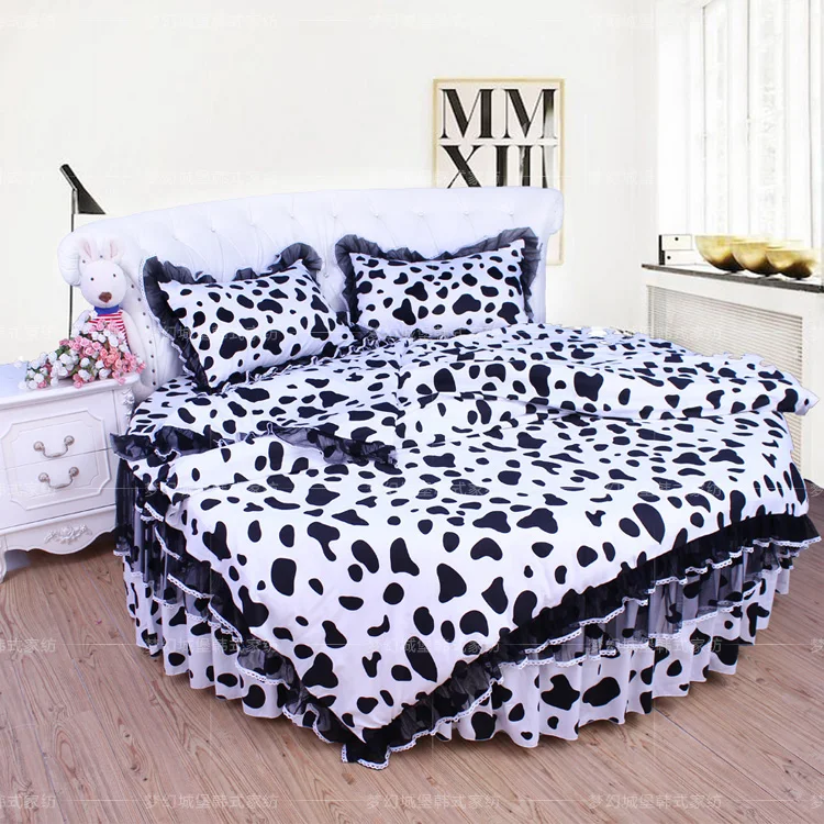 Cotton Lace Black and White Round Bed Bedding 4pcs Set Super California