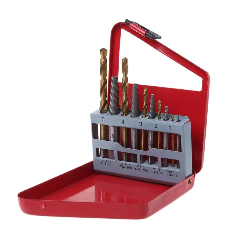 

10Pcs/Set Screws Extractors Left Hand Drill Bits Tool Kit Metal Storage Box Case Portable Wear Resistant