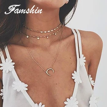 

FAMSHIN Multilayer Crystal Moon Pendant Necklaces For Women Vintage Charm Choker Necklace Statement Party Jewelry Accessories