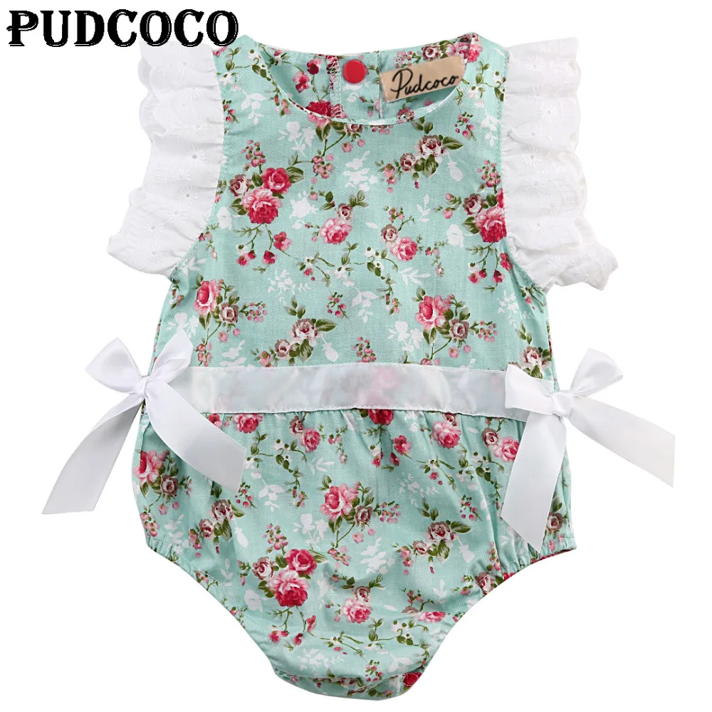 

Infant Baby Girl Lace Floral Bodysuit Summer Newborn Sleeveless Ribbon Bow Decorated Jumpsuit Outfits Clothes Costume