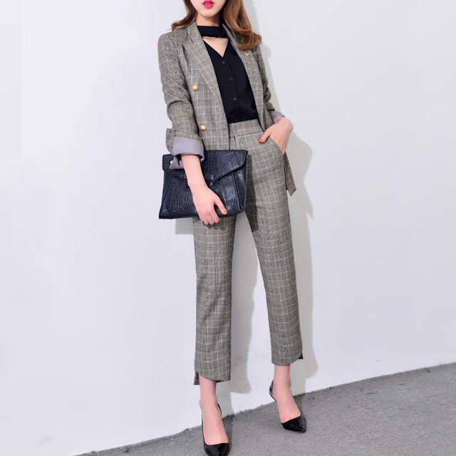 Khaki Plaid Pant Suits 2019 New Casual High Street Elegant England ...