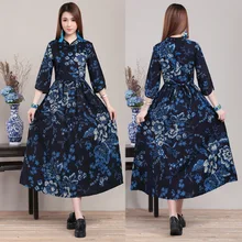 Cheongsam Dress 2017 Women Autumn Chinese Ethnic Stand Collar Half Sleeve Handmade National Wind Printing Cotton Dress Gown