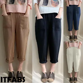 

2019 Women Ladies Casual Loose High Waist Long Pants Cotton Linen Trousers Solid Plus Size Comfortable