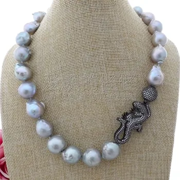 

N110110 14x16MM Grey Keshi Pearl Necklace Lizard CZ Pave Pendant