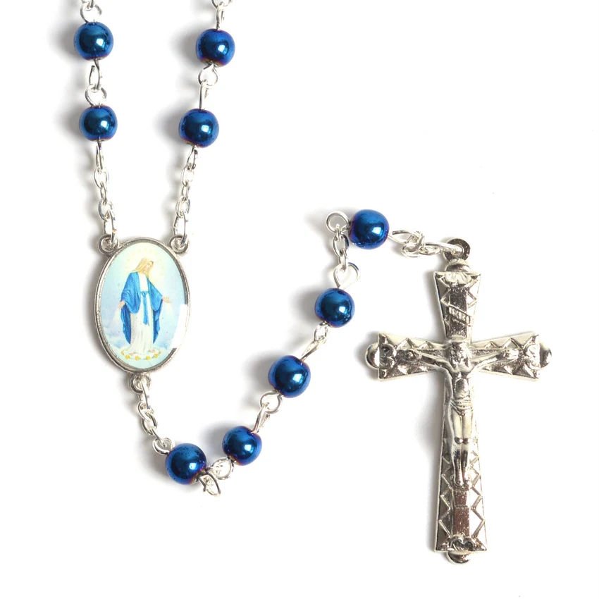 

Fashion Religious Blue Small Sized Hematite Beads Blue Mary Rosary Necklace