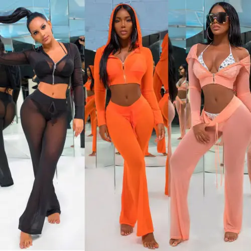 Women Bikini Cover Up Mesh Hoodie Crop Long Sleeve Top Leggings Pant Solid Beachwear Beach Bathing Suit Cover Ups Robe De Plage