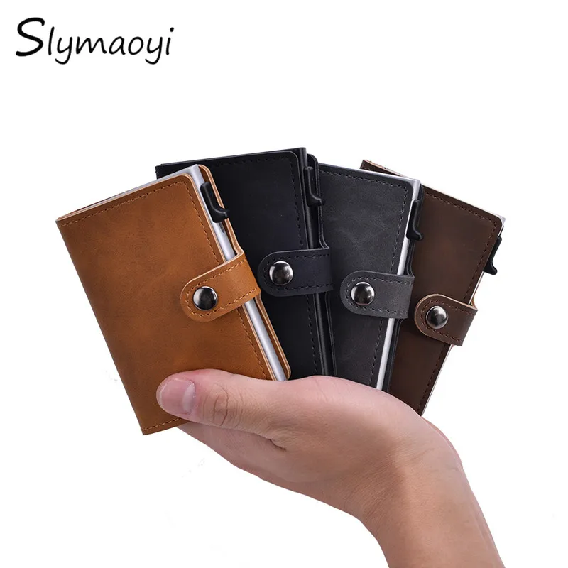 

Antitheft Vintage Credit Card Holder Blocking Rfid Wallet PU Leather Unisex Security Information Aluminum Metal Purse