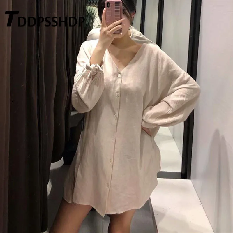 

Flax Single Breasted Long Style Women Blouse Long Sleeve Spring V Neck Simply Female Blouses