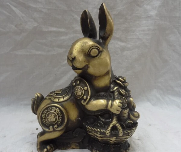 

JP S0608 8" Chinese Bronze Zodiac Fu Wealth YuanBao Coin Basket Animal Rabbit Statue