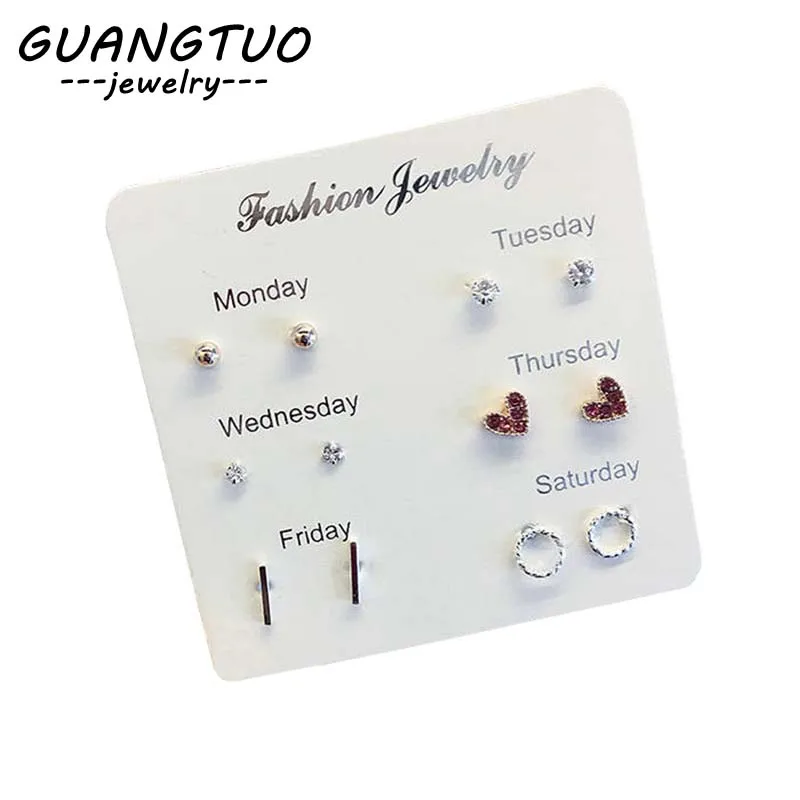 

6 PAIRS/SET Korea Heart Crystal Stud Earrings For Women Cute Geometric Round Circle Small Ball Ear Stud Party Jewelry Gift EB860