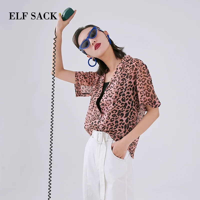 Женская леопардовая шифоновая рубашка ELF SACK, Розовая летняя свободная блузка для улицы, повседневный дамский топ с V-образным вырезом, г