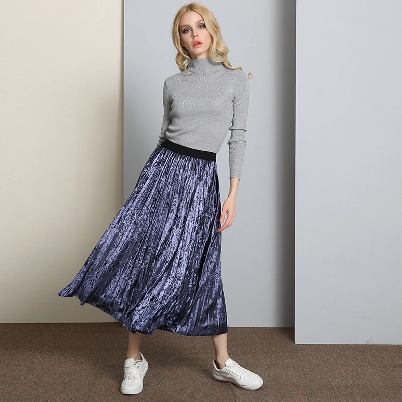 Nueva Moda 2017 Primavera larga falda de Invierno de Metal Colores de Terciopelo Plisado de La Falda Elástico de Cintura Alta Faldas Ropa de Las Nuevas Mujeres|womens clothing boxerswomens