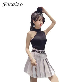 

Focal20 Streetwear Belt Pleated Women Skirt High Waist Solid Color Above Knee Mini A-Line Skirt Female