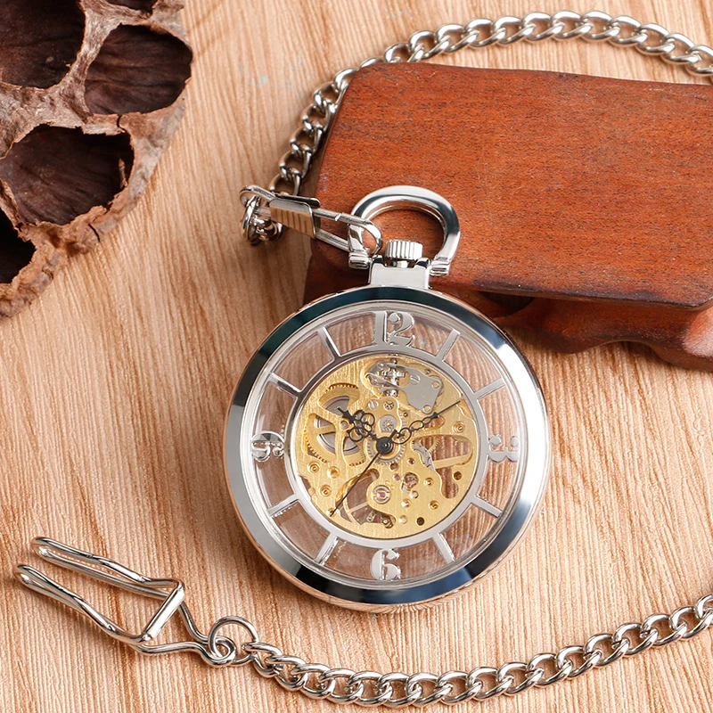 Esqueleto da Mão-vento Relógios de Presente de Natal dos Homens o Envio Gratuito de Prata Mostrador Mecânica Pocket Steampunk Fob Oco Ver