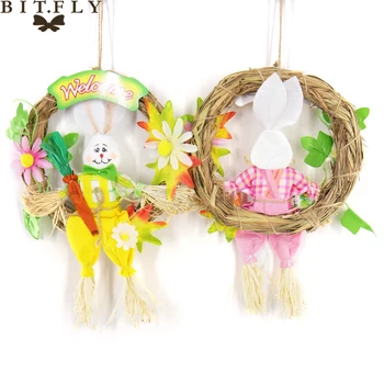

BITFLY 1pc Straw Cute Easter Rabbit Easter Rabbit with Carrot Wreath Garland Party Door Decoration Easter Decoration for Home