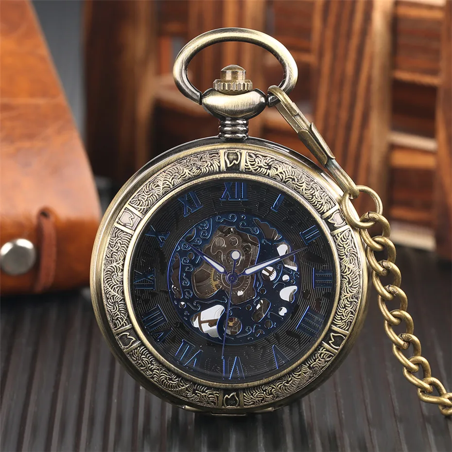 Винтажные Механические карманные часы мужские синие римские цифры дисплей прозрачный кулон часы Подарки для женщин ручной обмотки Fob часы