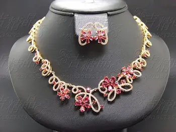 

Luxurious fashion zircon gold jewelry red corundum necklace chain sets the bride wedding dress formal dress accessories