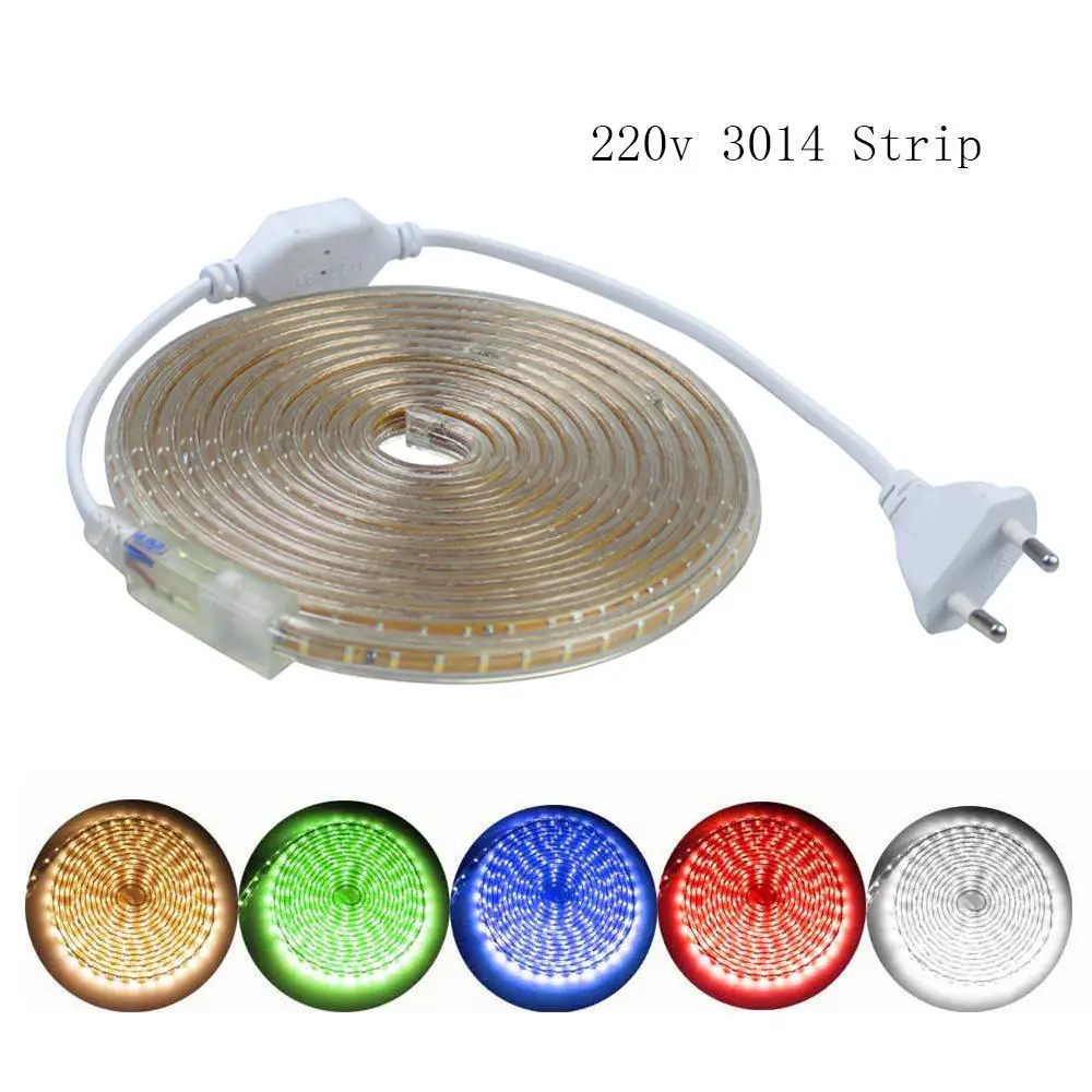 

AC220V SMD 3014 LED Strip Lights 1M 5M 10M 15M 20M Tape IP67 Waterproof EU/US Power Plug RGB Strip For Room Outdoor Lighting