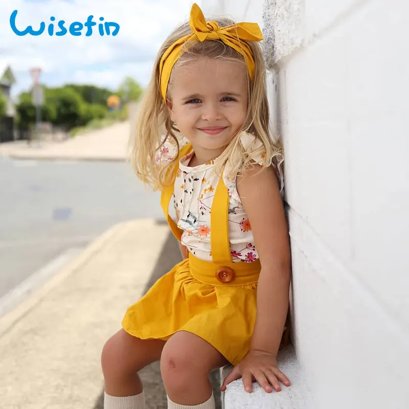 Wisefin الاطفال فتاة الملابس مجموعة مع عقال الصيف 3 قطع زهرة الاطفال ملابس الأطفال الملابس مجموعة لفتاة لطيف مريلة بانت + أعلى