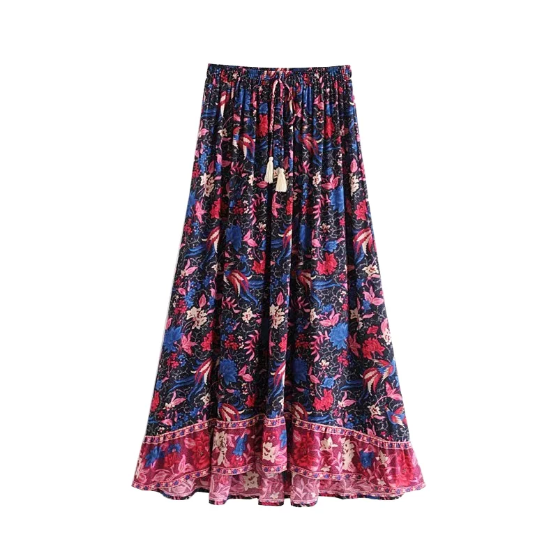

ZXQB Boho Chic Vintage Floral Bird Print Pleated Maxi Dress Summer Fashion Women Elastic Waist Drawstring Tassel Beach Skirts