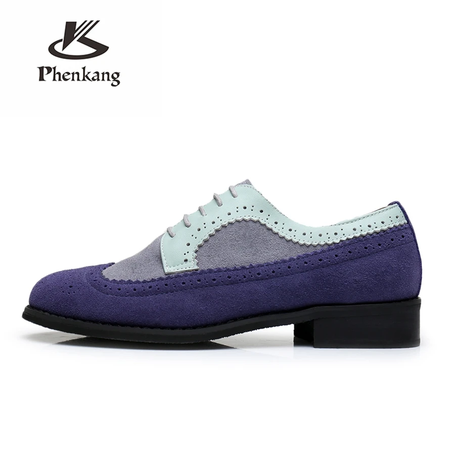 Genuine cow leather brogue men flats shoes handmade vintage casual sneakers shoes oxford shoes for men blue grey with fur