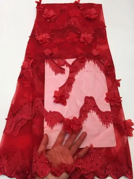 

2018 Nigerian Lace Fabrics For Wedding African French Lace Fabric High Quality 3D Lace Big Red Laces Aplique Z11