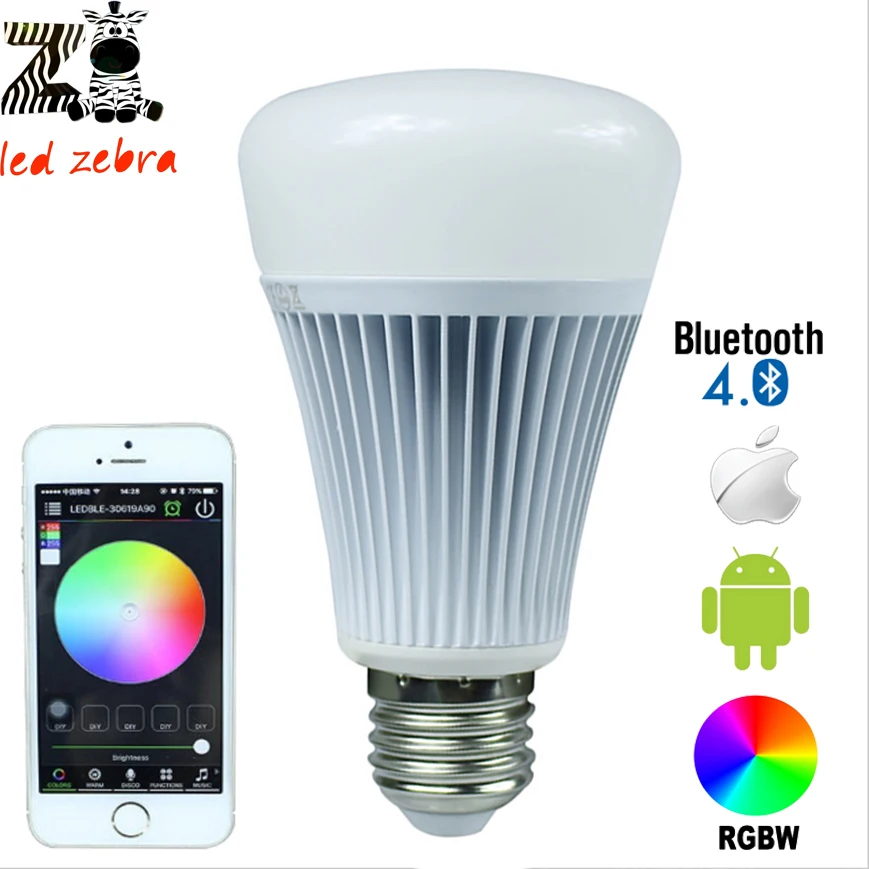 

E27 8w rgbw bluetooth 4.0 led bulb with smartphone control 16million colors for smart home illumination AC85-265v