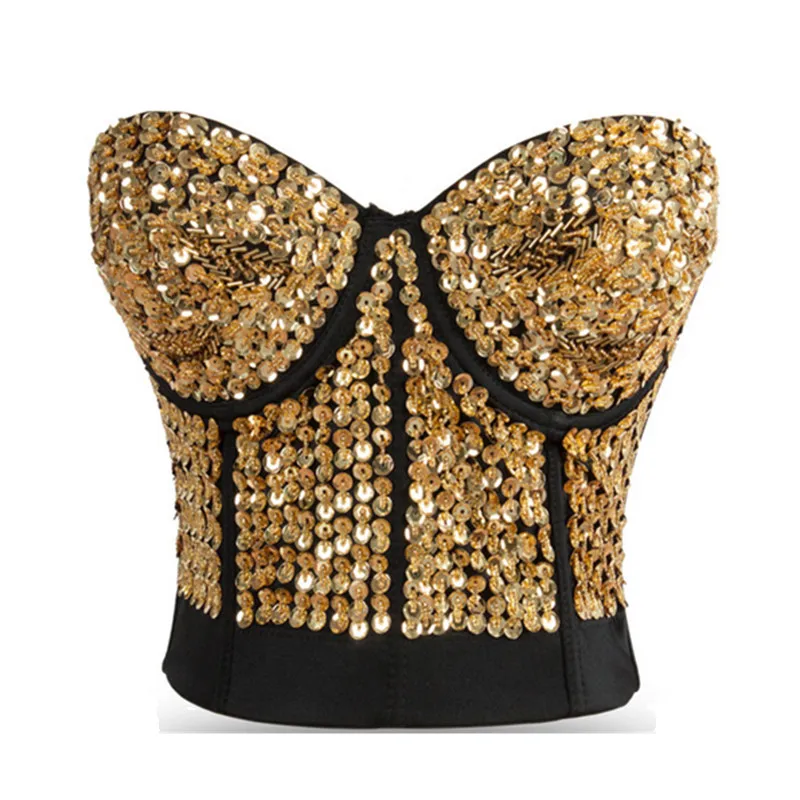 Striking Gold Sequin & Beading Studded Belly Dance Bra Top Sexy Bustier Underwear Women Bra Push Up Bralette Punk Rock Brassiere
