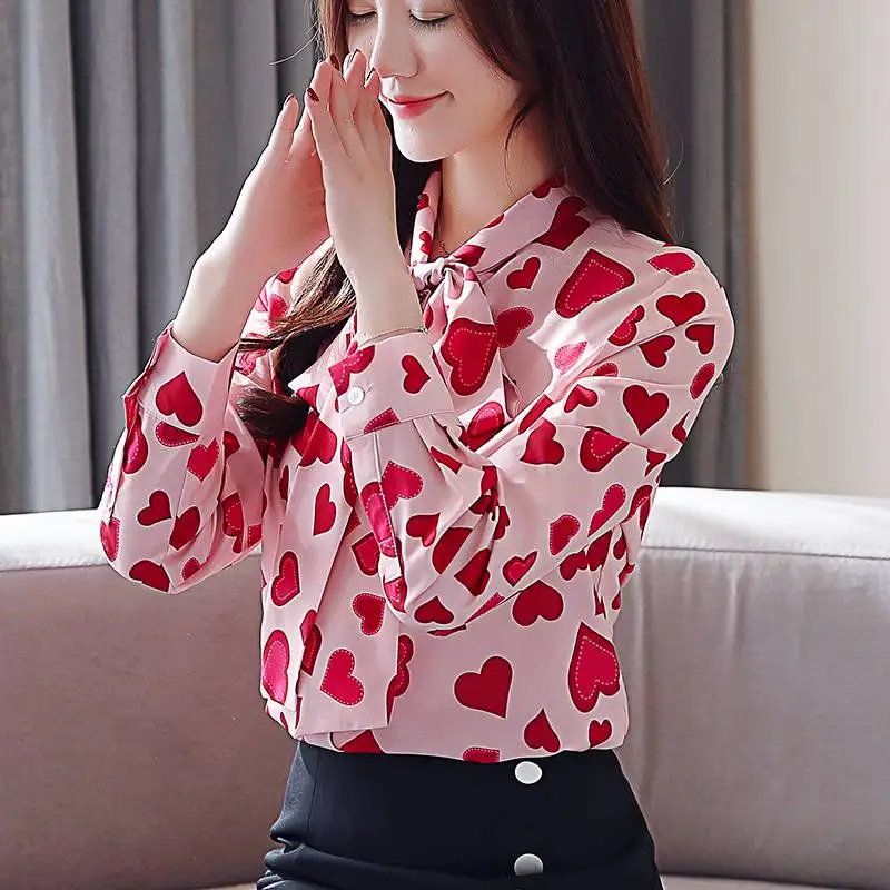 Корейская блузка с принтом любящее сердце, весна-осень, милая одежда с длинным рукавом и бантом, Женские топы и блузки, женская блуза T91509 - Цвет: Picture color