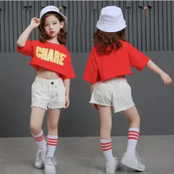 Детские бальные хип-хоп танца Конкурс костюмы одежды костюмы для девочек Современный Джаз сценический футболка и штаны Танцы комплекты