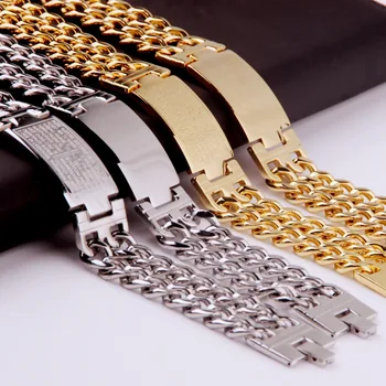

22.5mm Fashion Stainless Steel Silver Color Gold Color Bible Cross Or Smooth ID 2 Row Curb Link Chain Mens Bracelet Bangle 8.86"
