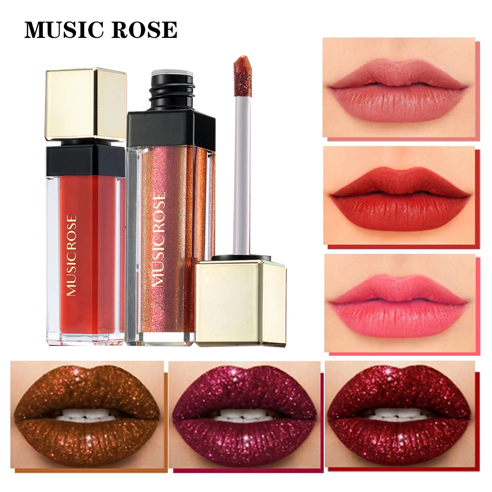 

MUSIC ROSE 12Color Non-Stick Cup Metallic Shiny Liquid Lipstick Waterproof Long-Lasting Glitter Lip Glaze Moisturizing Lip Gloss