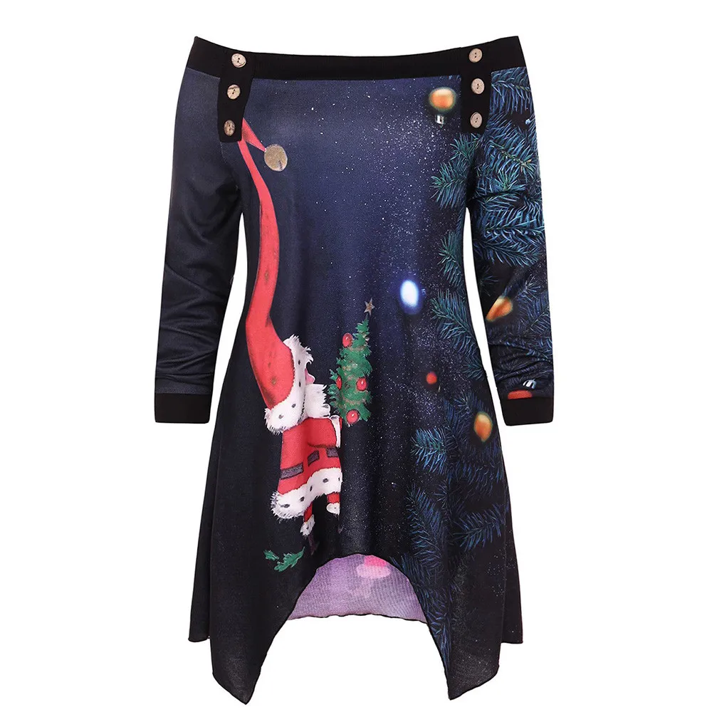 

moda mujer 2018 Women Christmas Strapless Printed Asymmetric shirts New Womens Irregular Hem Sweatshirt Top Blouse chemise femme