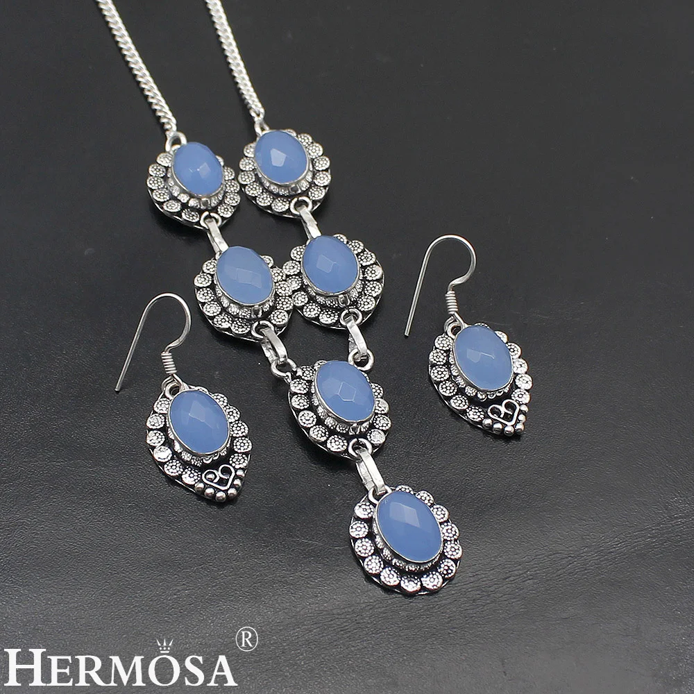 

Hermosa Jewelry Trend Fashion DENDRITIC OPAL 925 Sterling Silver women Necklace + Earrings 19 inches LM005