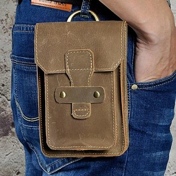 

Genuine Leather Men Hip Belt Cell/Mobile Phone Case Hook Bags Vintage Casual Crazy Horse Cowhide Camera Fanny Waist Pack Bag