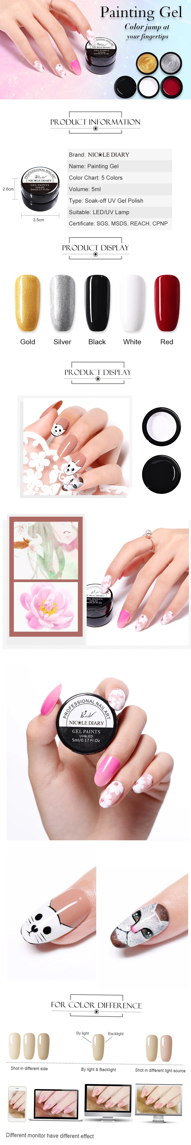 NICOLE DIARY 5 мл гель для краски 3D дизайн ногтей краска для рисования УФ-гель Замачивание УФ-гель для ногтей Дизайн ногтей для DIY