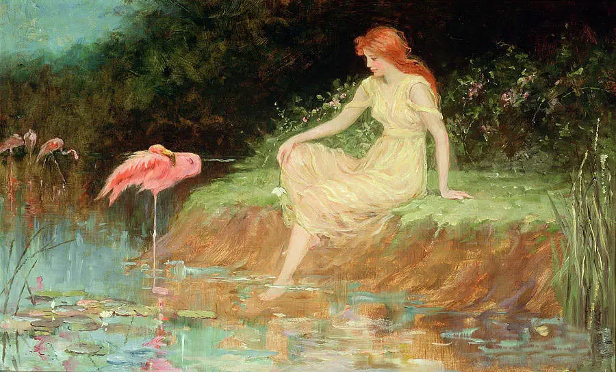 Stunning Oil painting NICE young girl seated by the pond & birds cranes Flamingo
