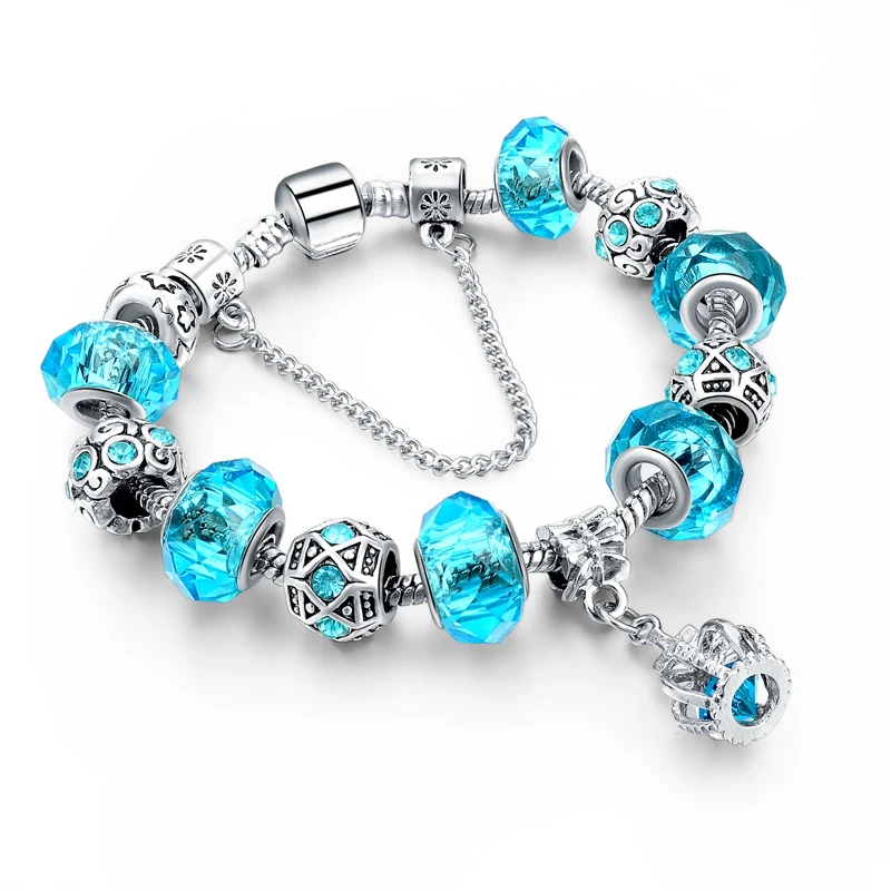 2016 Russia Belarus Popular 925 Silver Charm Bracelet & Bangle with Royal Crown Pendant & Blue Crystal Beads Diy Jewelry