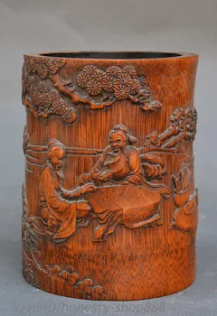 

Crafts statue 6" Collect China Boxwood Carved Tree Old Man People Statue Brush Pot Pencil Vase