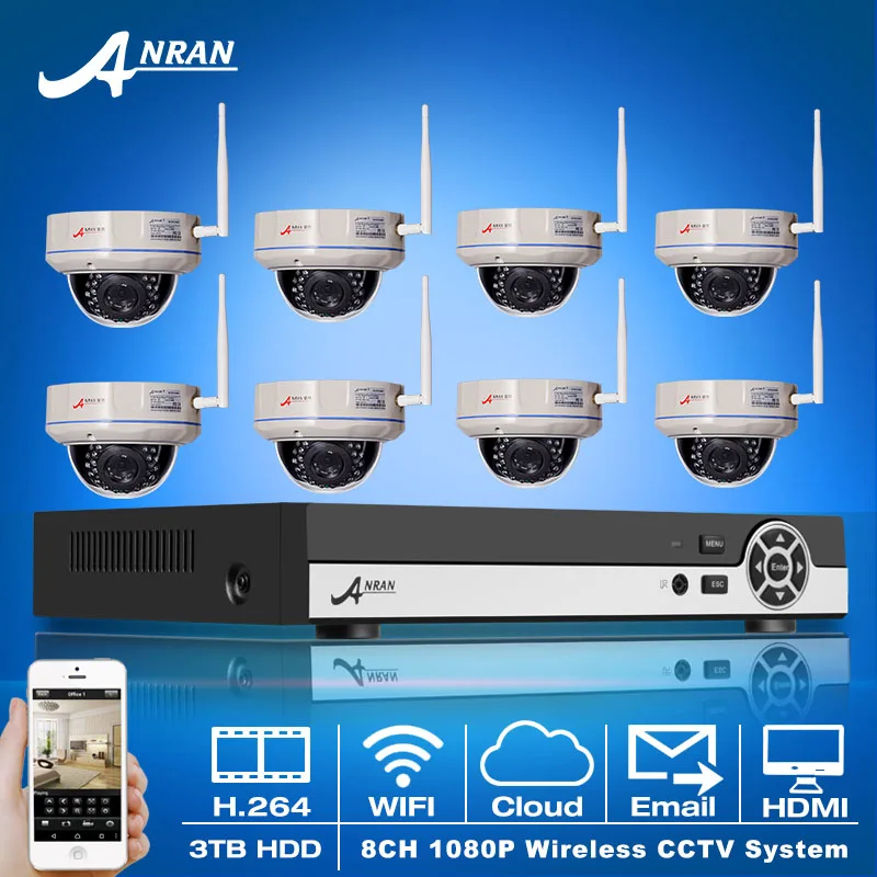 8CH Onvif H.264 NVR Wireless CCTV System+8PCS 3TB HDD P2P 1080P HD Vandalproof Dome IR WIFI Network Home Security Camera Set