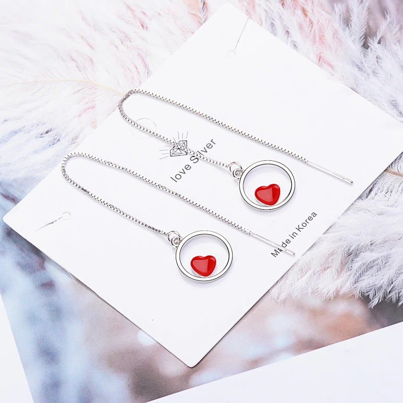 

KOFSAC Hot Fashion 925 Silver Drop Earrings Lady Jewelry Cute/Romantic Circle Red Heart Earring Women Engagement Accessories