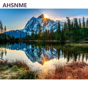 

AHSNME Painting Learning Semi-finished Handmade Wall Art Lake and Snow DIY Digital Oil Painting Home Decor Child gift 902