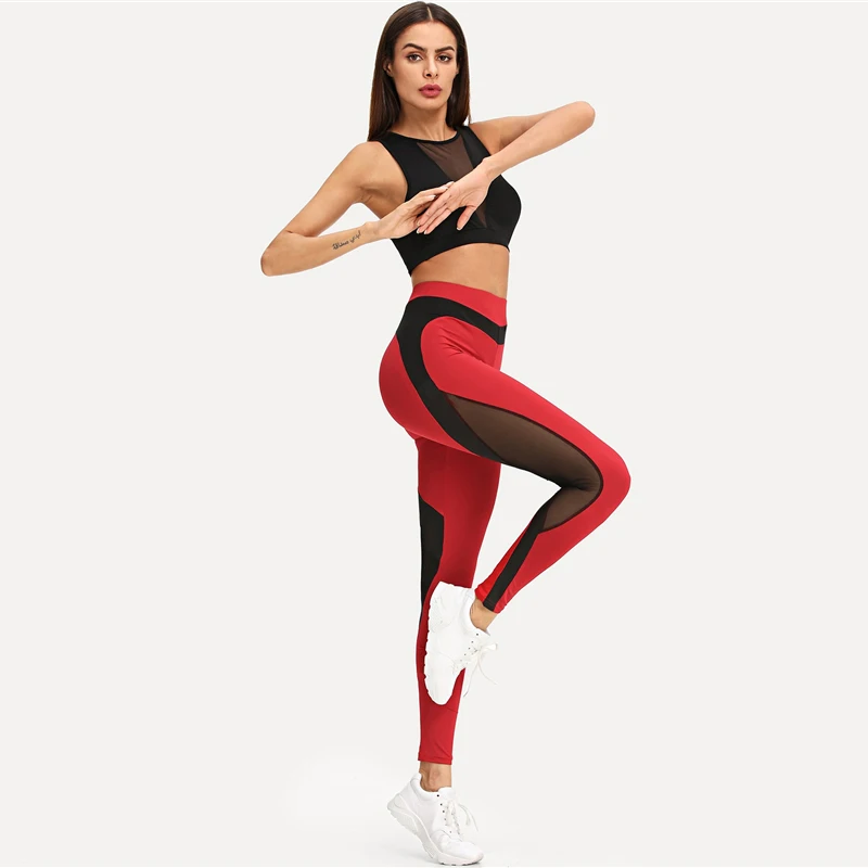 SweatyRocks, красные контрастные сетчатые обтягивающие леггинсы, пэчворк, высокая талия, женские штаны для фитнеса, для тренировок, Осенние повседневные эластичные леггинсы