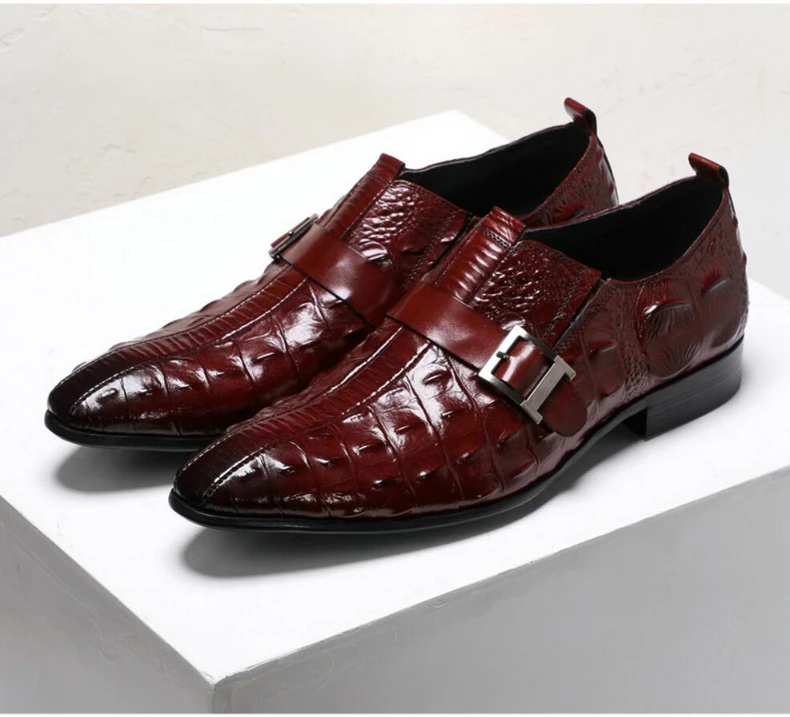 Casual Men Shoes Leather Red Formal Brogue Shoe Buckle Emboss Crocodile Genuine Leathers Mens Loafers Leather Dress Wedding Shoes (1)