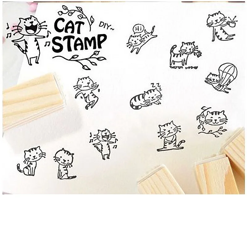 12 Pcs/set Cute Cat MiniDIY Wooden Rubber Stamp Set Crafts Handmade Decal Scrapbooking Photo Album Clear Stamps