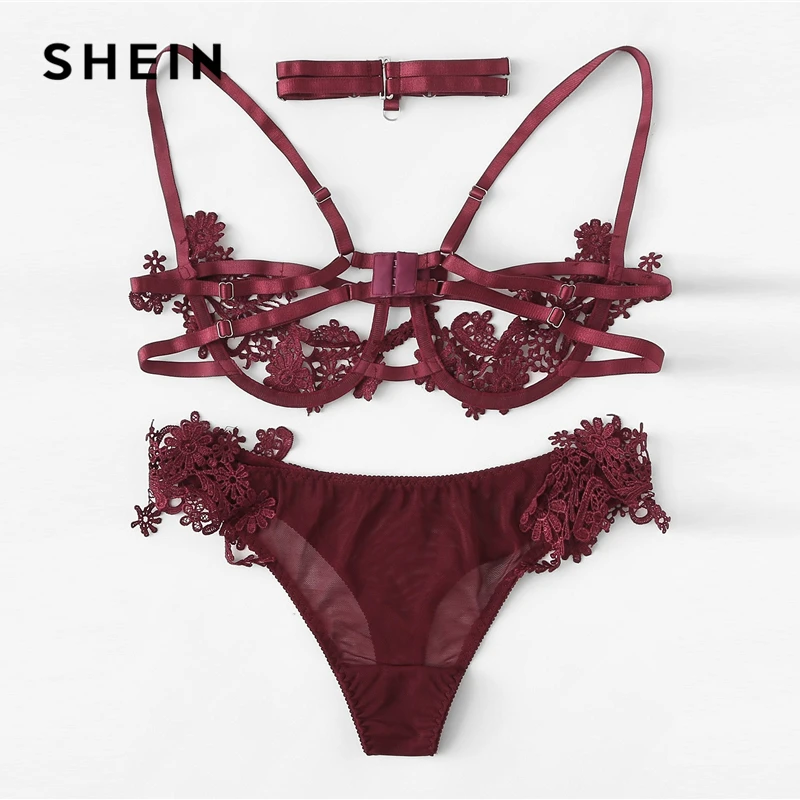 SHEIN Burgundy Sexy Appliques Detail Lace Lingerie Set With Choker Summer Women Wireless Bra and Briefs Underwear Lingerie Sets SHEIN Burgundy Sexy Appliques Detail Lace Lingerie Set With Choker Summer Women Wireless Bra and Briefs Underwear Lingerie Sets