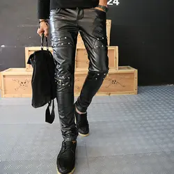 Высокое качество Новые весенние мужские обтягивающие кожаные брюки модные брюки из искусственной кожи для мужчин брюки для сцены Клубная